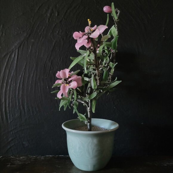 Vtg Jade Cherry Blossom Bonsai In Celadon Pot, Chinoiserie Flower, Asian Decor - Picture 5 of 7